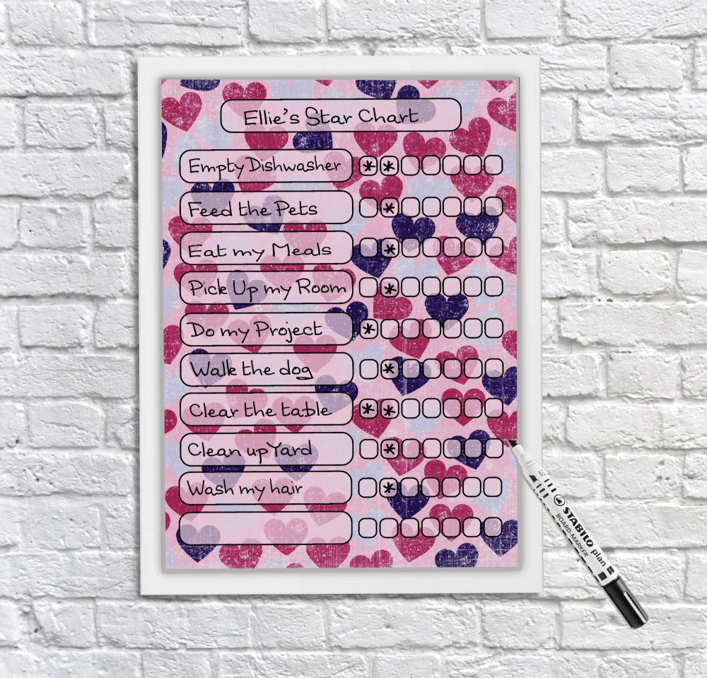 Kids Reward Chart, with hearts, Chore Chart, kids whiteboard, Kids reusable