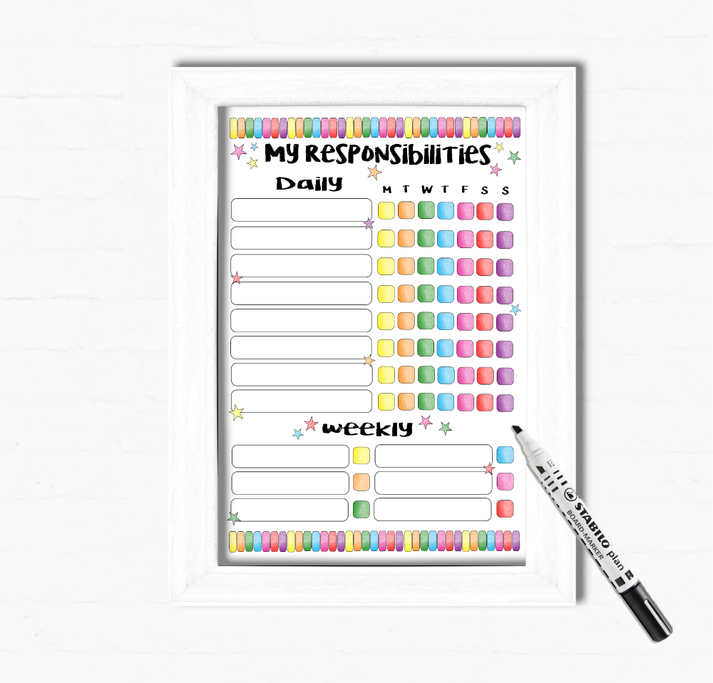 Reward Chart, Responsibility Chart, Kids daily Checklist, Childrens Chore chart, For Boys and Girls, Dry Wipe board