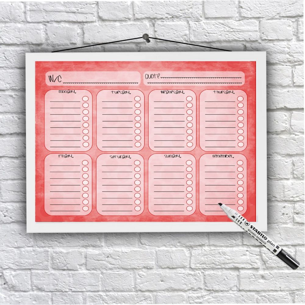 Weekly Calendar, Daily Checklist, Reusable Dry wipe planner, Whiteboard, To
