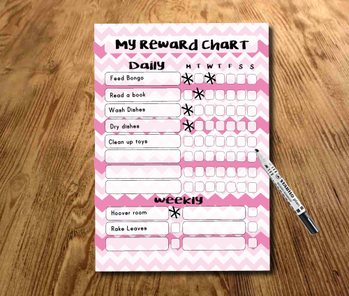 Pink Star chart, Chore chart, My daily responsibilities, kids Reward Chart,