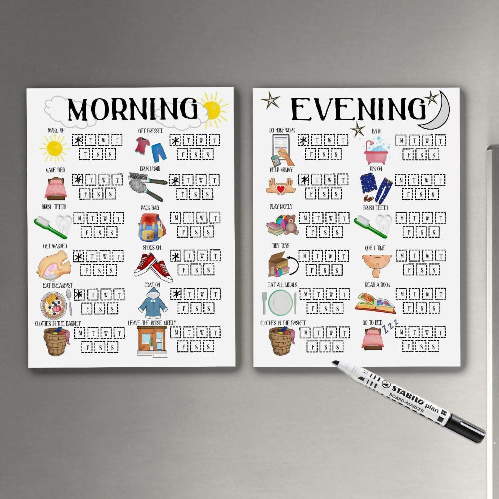 Weekly Morning and Evening Routine chart, For Boys and Girls, Checklist, Dry erase Chart, Learning and Communication