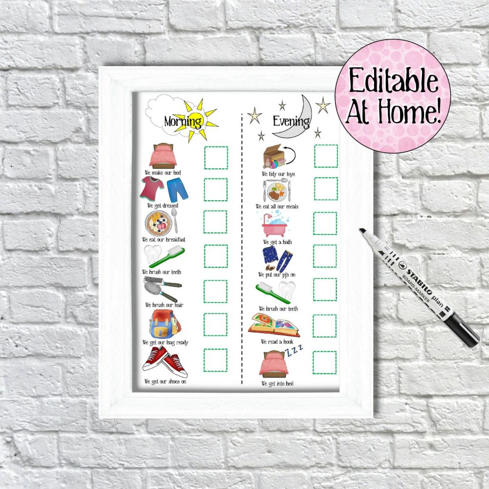 Kids Routine Chart, Morning and Evening Chart, edit at home, printable file