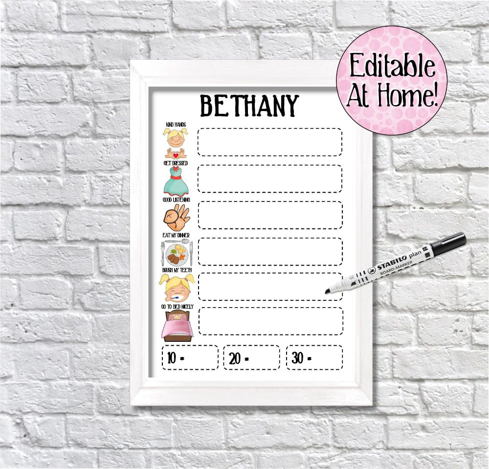 Kids Reward Chart, 6 task chart, edit at home, printable file, with picture