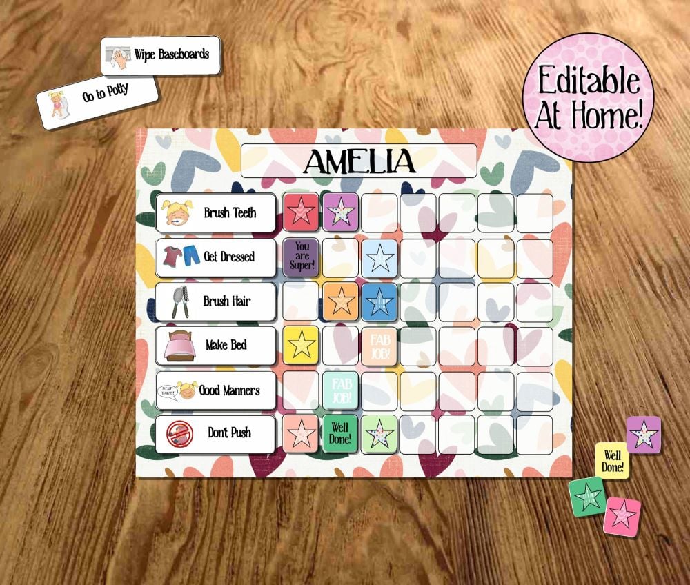 Kids Behaviour chart, girls editable printable, Routine Chart, edit at hom