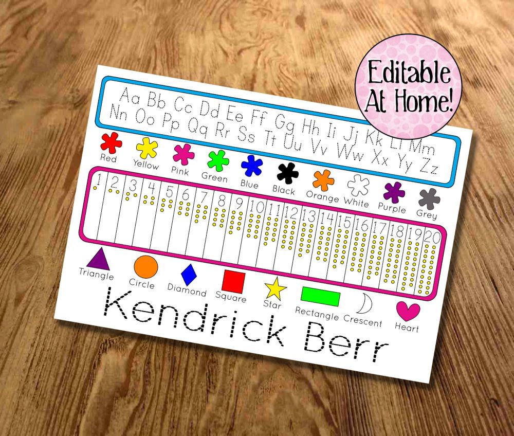 Kids learning mat, Editable at home, with colours, and shapes, Learn my nam