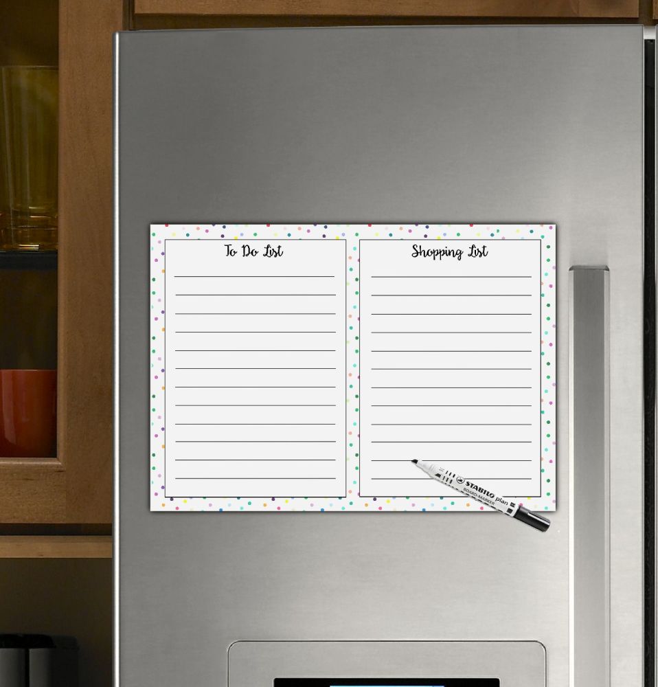 To Do list, Shopping List, with spots, Reusable dry wipe board