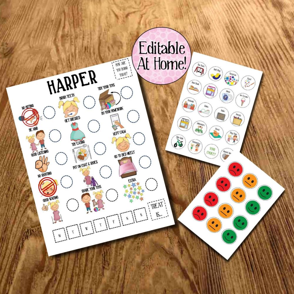 Kids Behaviour chart, with treats, Routine Chart, edit at home, printable f