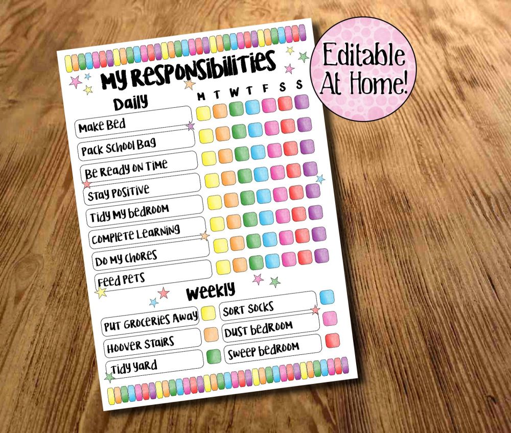 Kids Reward Chart, Editable Routine Chart, Kids Chore Chart, My responsibil