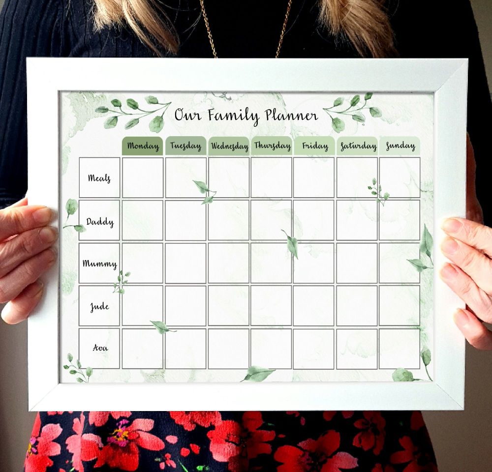 Family Planner with leaves, dry wipe board, Weekly Schedule 