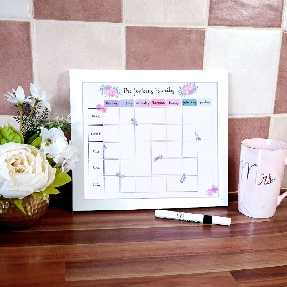 Family Planner with flowers, dry wipe board, Weekly Schedule 