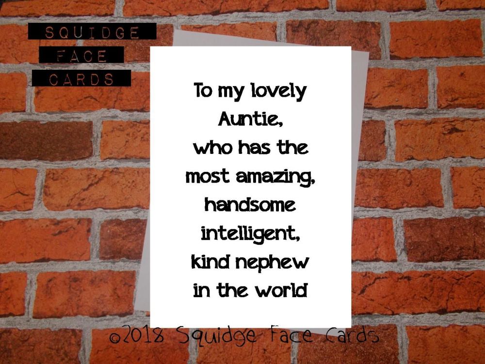 To my lovely Auntie, who has the most amazing, handsome, intelligent, kind nephew in the world.