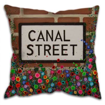Jo Gough - Canal St Sign Manchester with flowers Cushion
