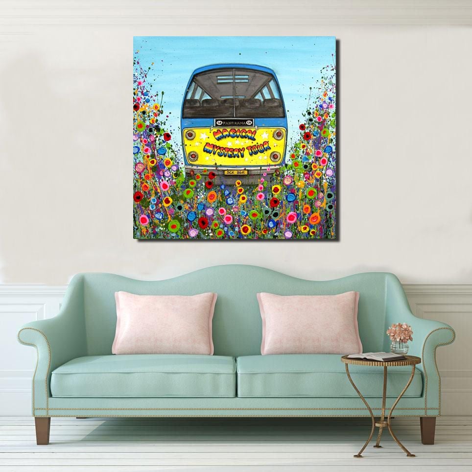 Jo Gough - Magical Mystery Tour Bus with flowers Canvas Print from £85