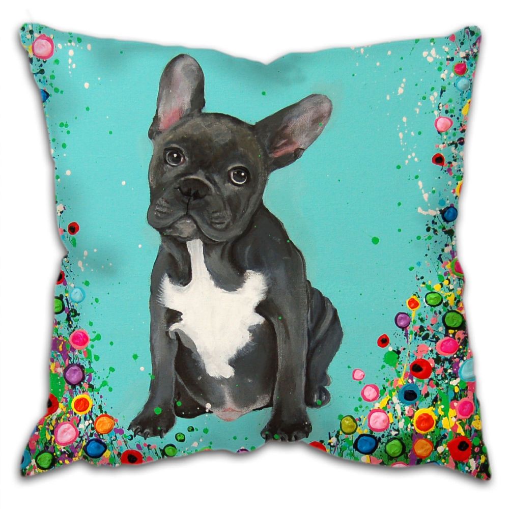 Jo Gough - French Bull Dog with flowers Cushion
