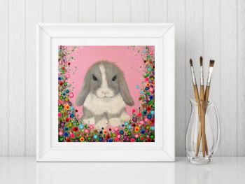 Jo Gough - Minilop Rabbit with flowers Print From £10