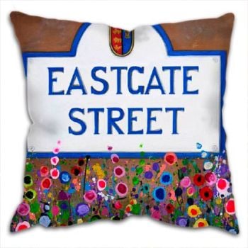 Jo Gough - Eastgate St Sign Chester with flowers Cushion