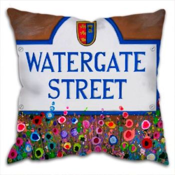 Jo Gough - Watergate St Sign Chester with flowers Cushion