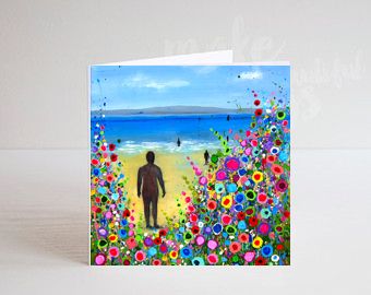 Jo Gough - Crosby Beach Iron Men with flowers Greeting Card