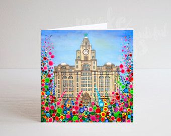Jo Gough - Liver Building Liverpool with flowers Greeting Card