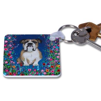 Jo Gough - Bull Dog with flowers Key Ring