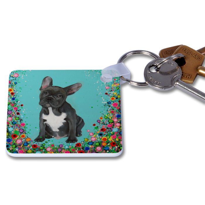 Jo Gough - French Bull Dog with flowers Key Ring