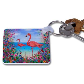 Jo Gough - Flamingo with flowers Key Ring