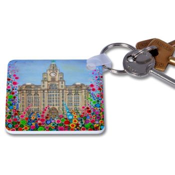 Jo Gough - Liver Building with flowers Key Ring