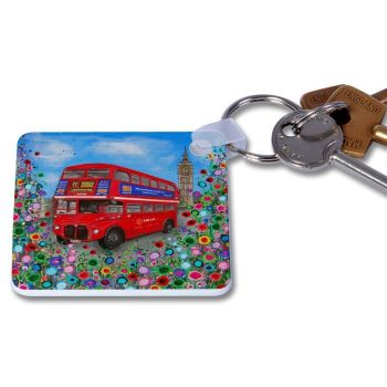 Jo Gough - London Red Bus with flowers Key Ring