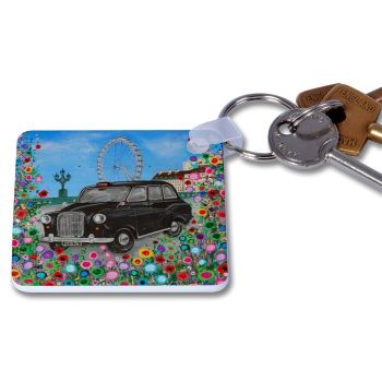 Jo Gough - London Black Taxi with flowers Key Ring