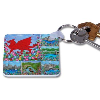 Jo Gough - Welsh Montage with flowers Key Ring