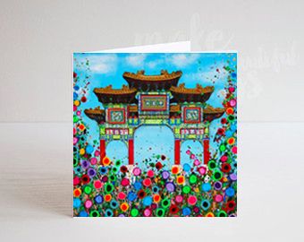 Jo Gough - Liverpool's Chinese Arch with flowers Greeting Card