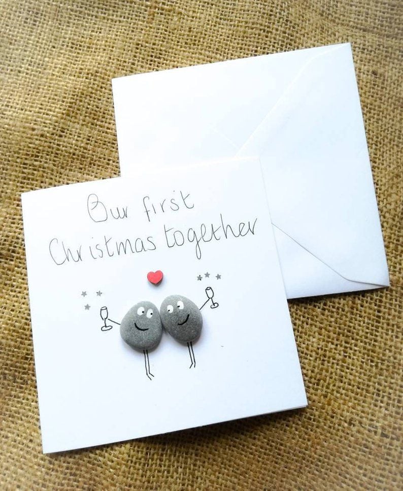 Handmade Pebble Art Christmas Card ' First Christmas Together'