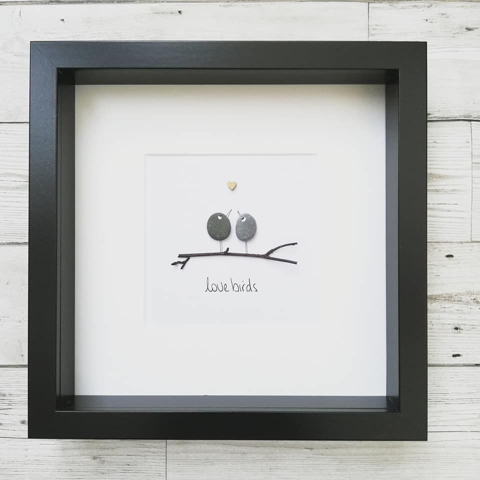 Pebble Art Picture Love Birds - Wedding - Anniversary Framed Handmade Gift 