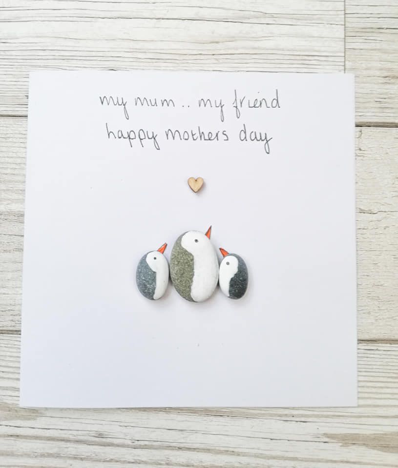 Mothers Day Handmade Penguin Pebble Art Card Handmade and Personalised