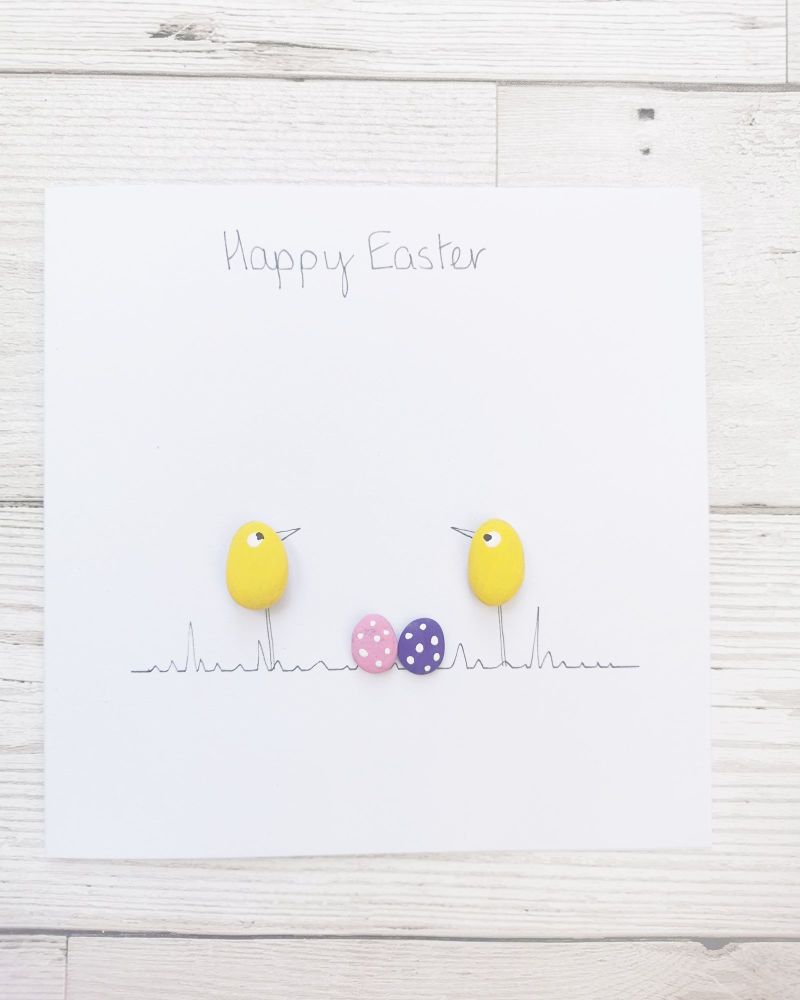 Pebble Art Handmade Card - Happy Easter Card - Fully Personalised Chicks, E