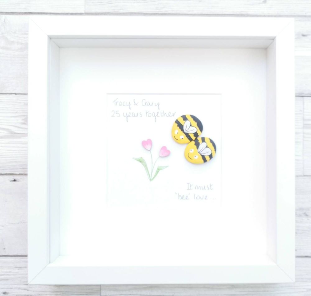 Pebble Art Picture -Bees - Personalised Wedding Engagement Gift Framed
