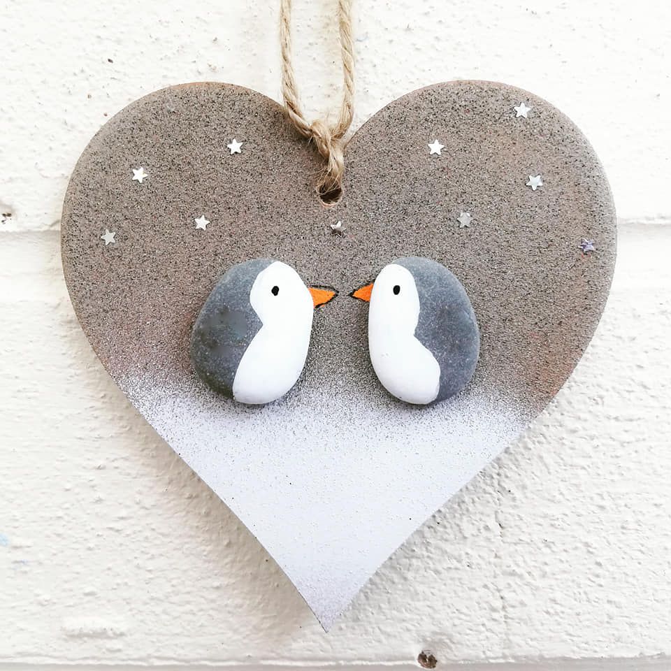 Penguin Pebble Art Christmas Hanging Heart Decorative Bauble