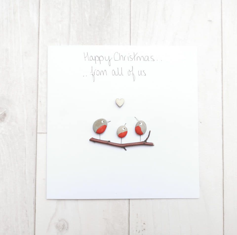 Robins Family Christmas Card - Pebble Art Picture - Handmade And Personalis