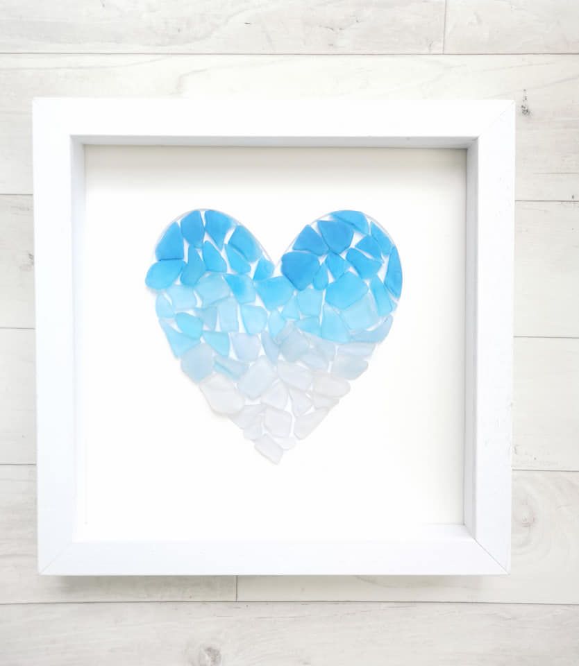 Seaglass Heart Ombre in Blue White Framed Coastal Beach Bathroom Decor Birt