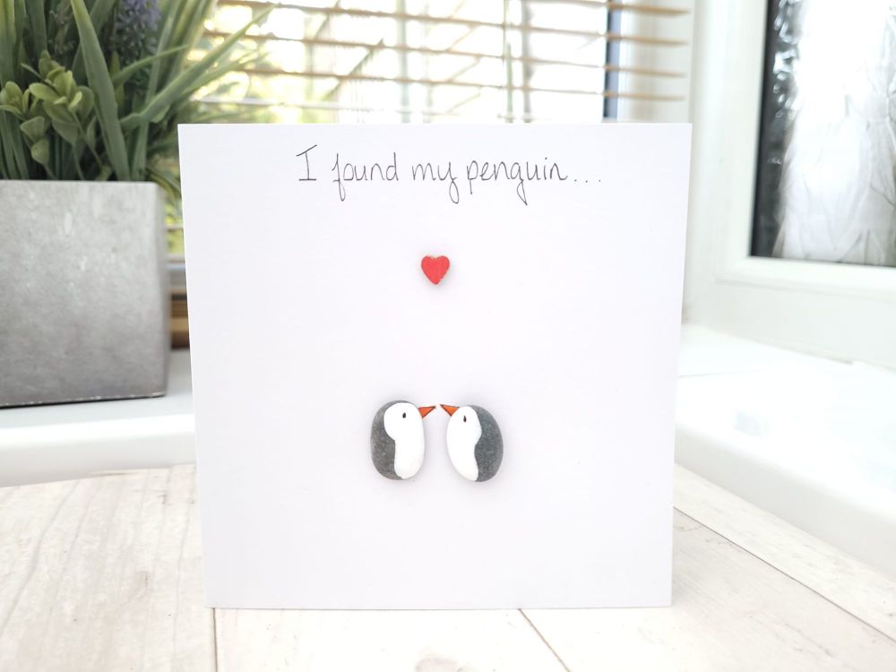 Valentines Day Pebble Art Card, Penguin Love - Wedding Card Personalised Pe