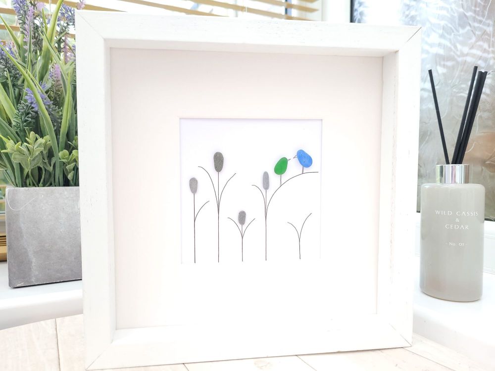Pebble And Sea Glass Art Birds Reeds Outdoor Design Framed and Personalised