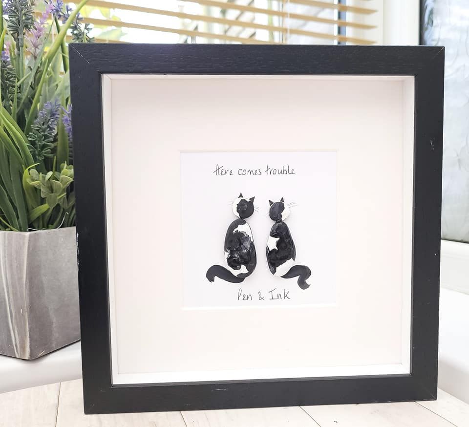 Pebble Art Cat Picture - Bird Watching  - Cat Customised Design Framed And 