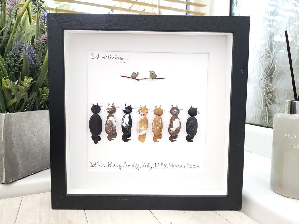 Pebble Art Picture Bird Watching Cats - Framed Home Decor Gift - Cat Mum