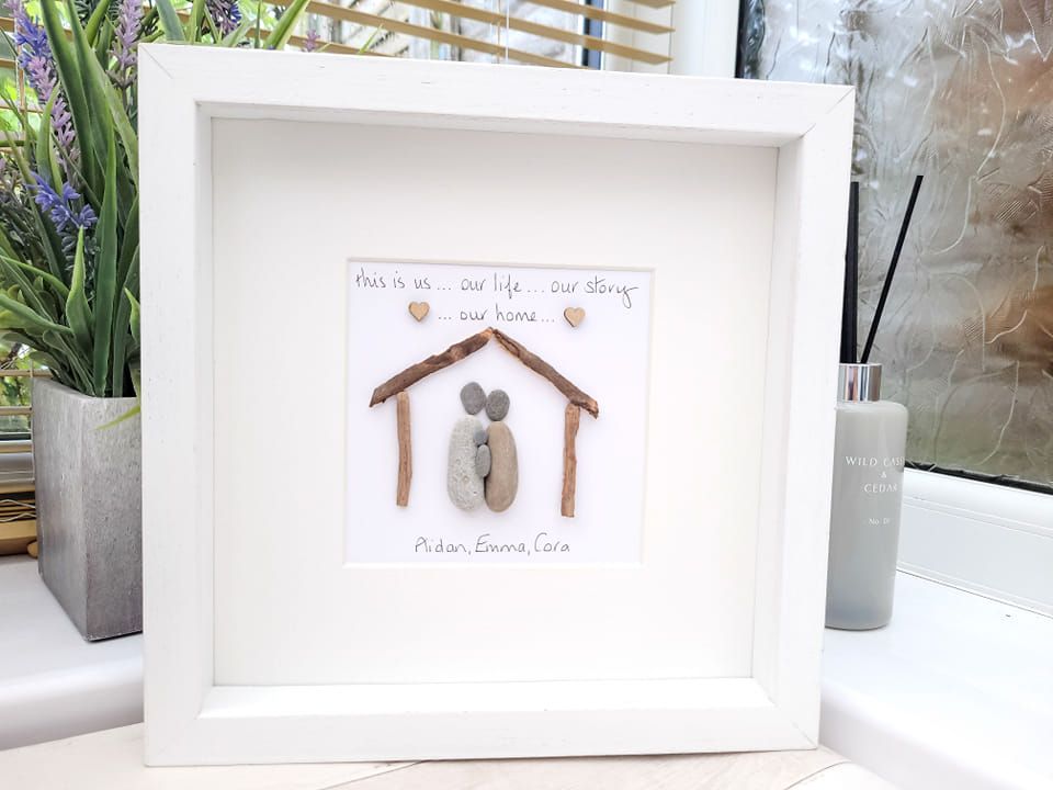 Family Pebble Art Picture New Home - Driftwood Art Framed And Fully Persona