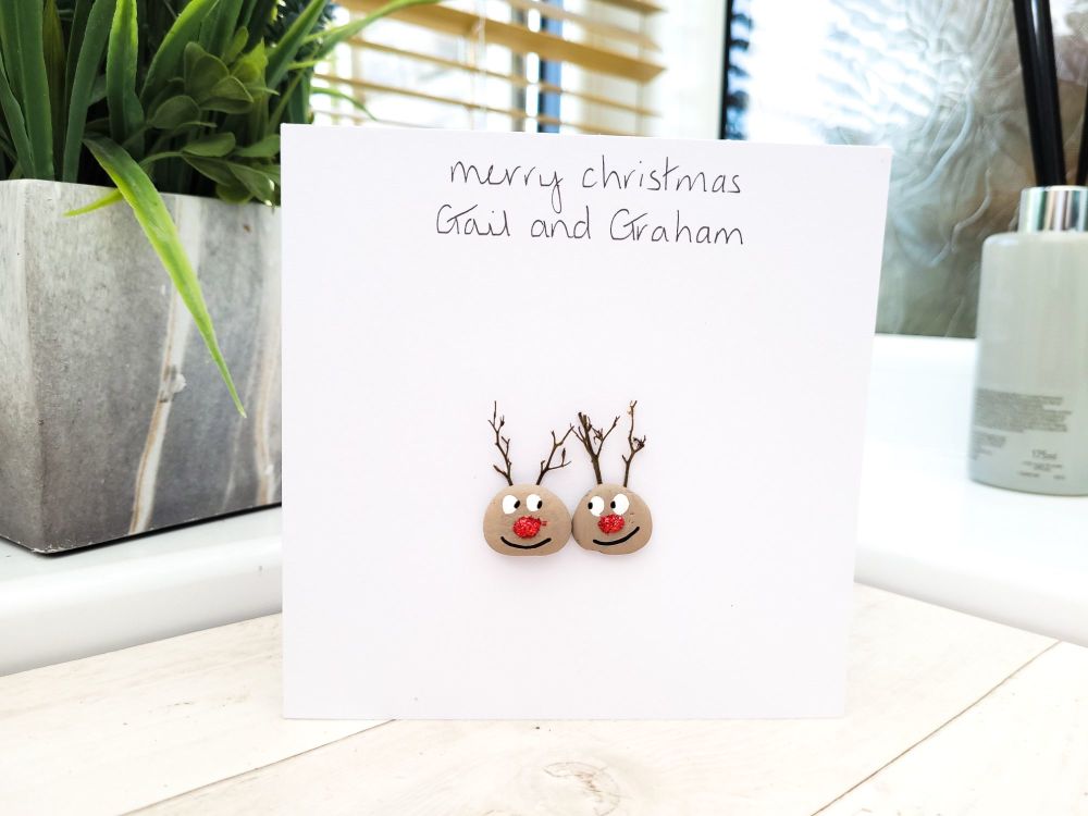 Christmas Pebble Art Card Rudolph Reindeers Personalised