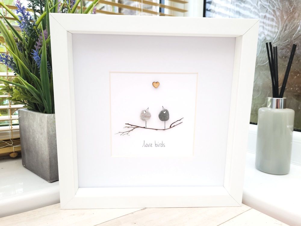 Pebble Art Picture Love Birds - Wedding - Anniversary, Enagagement Framed Handmade Gift