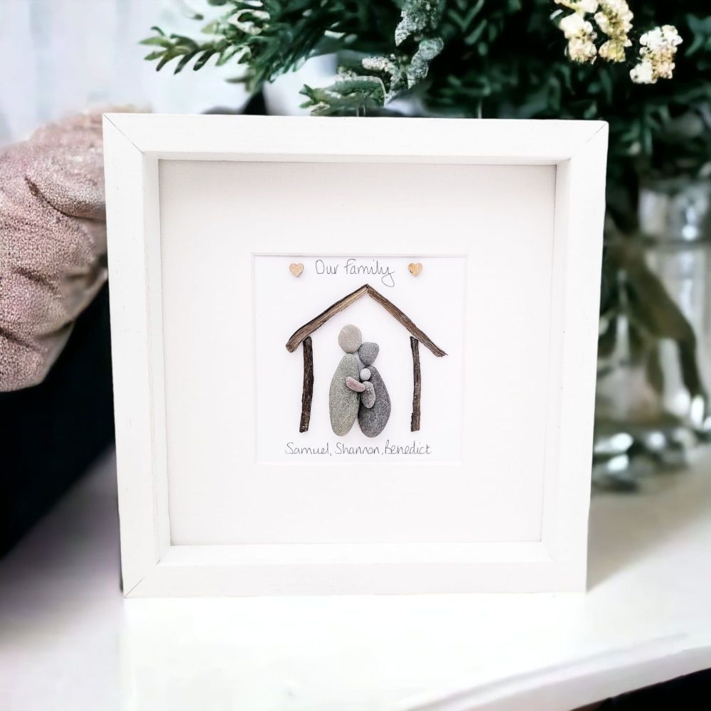 Family Pebble Art Picture New Home - Driftwood Art Framed And Fully Persona