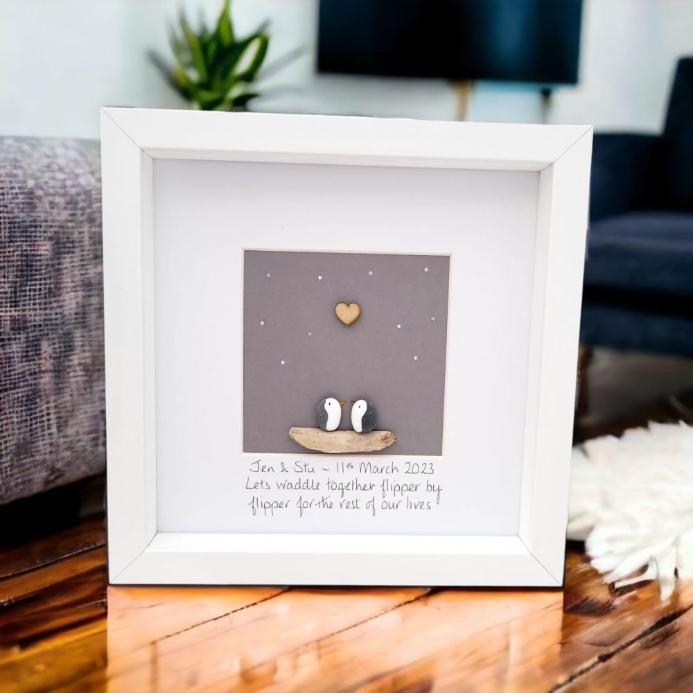 Penguin Pebble Art Couple - Wedding Anniversary - Enagagement Gift - Person