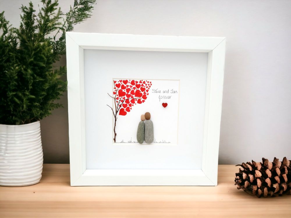 Wedding Gift Loved Ones Red Hearts Tree  Pebble Art Picture Personalised