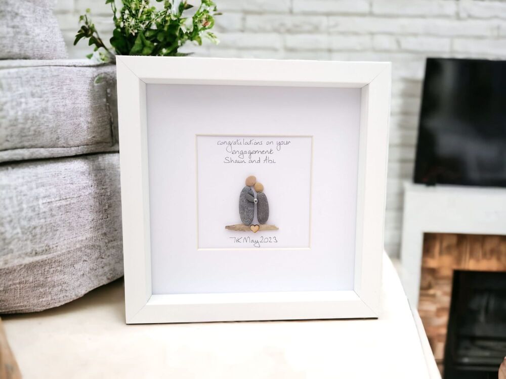 Engagement Pebble Art Picture Gift For Couples , Personalised & Framed